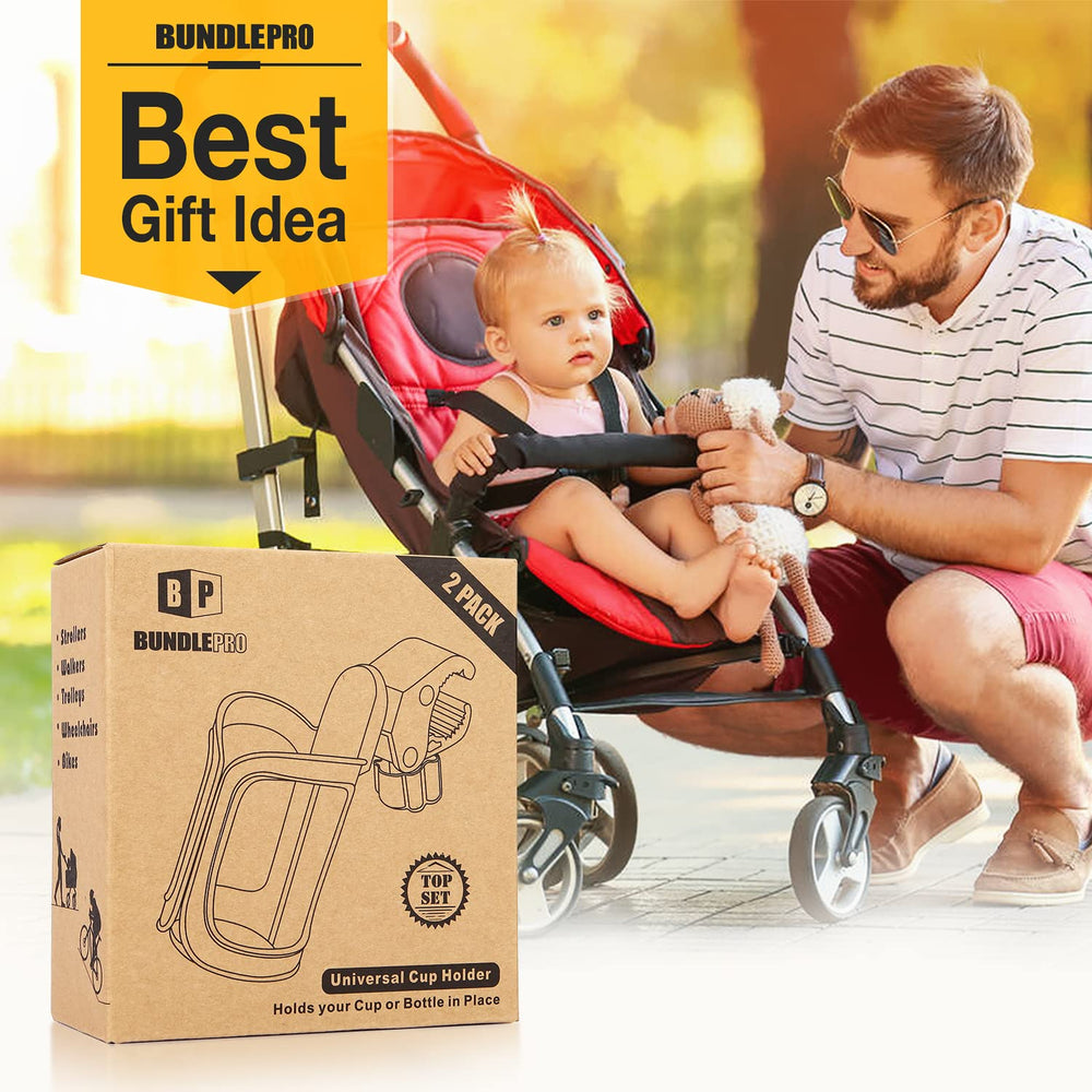 BundlePRO pram cup holder in use while pushing a stroller.