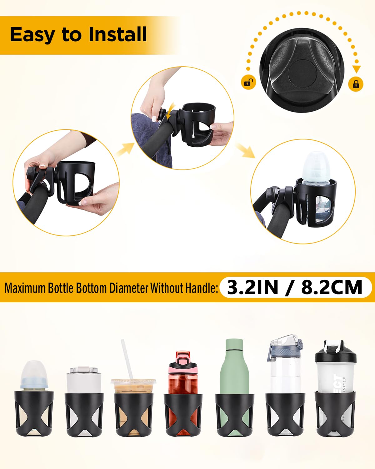 BundlePRO easy-mount cup holder installs tool-free on stroller bars