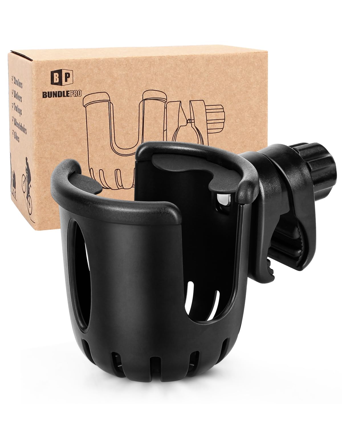 BundlePRO universal cup holder on stroller keeps drinks within easy reach