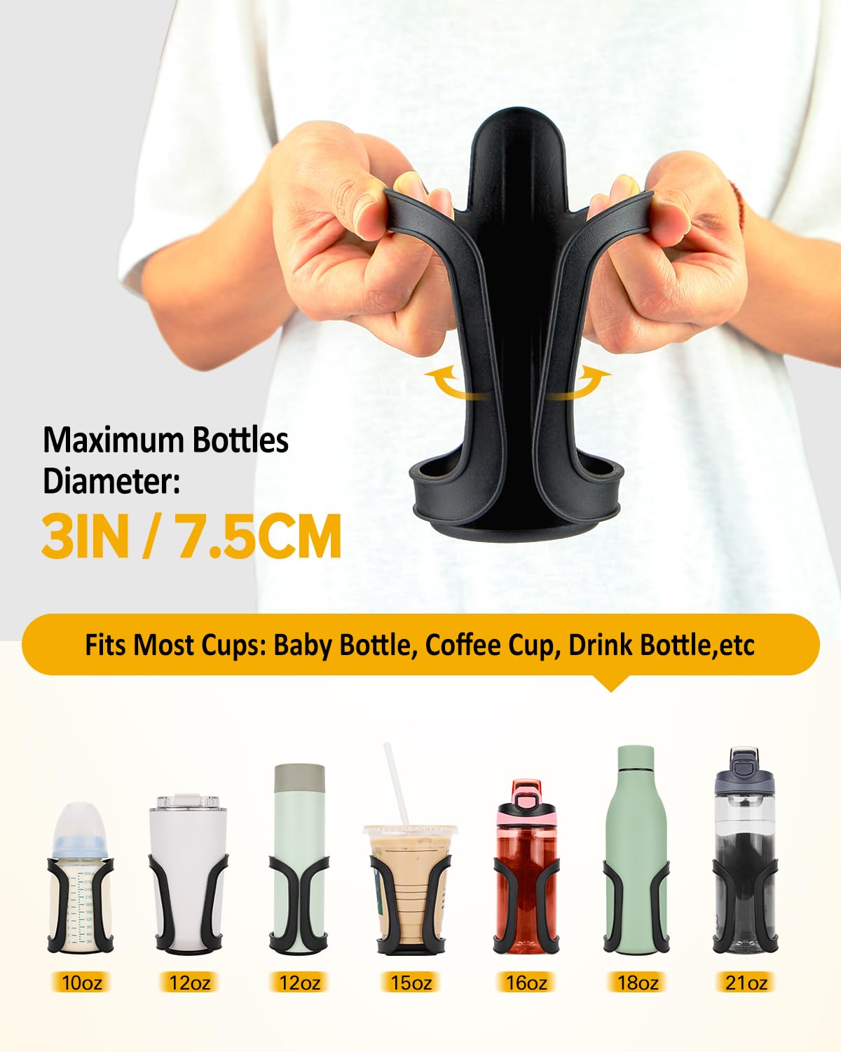 BundlePRO universal stroller cup holder clamp demonstrates tool-free installation.