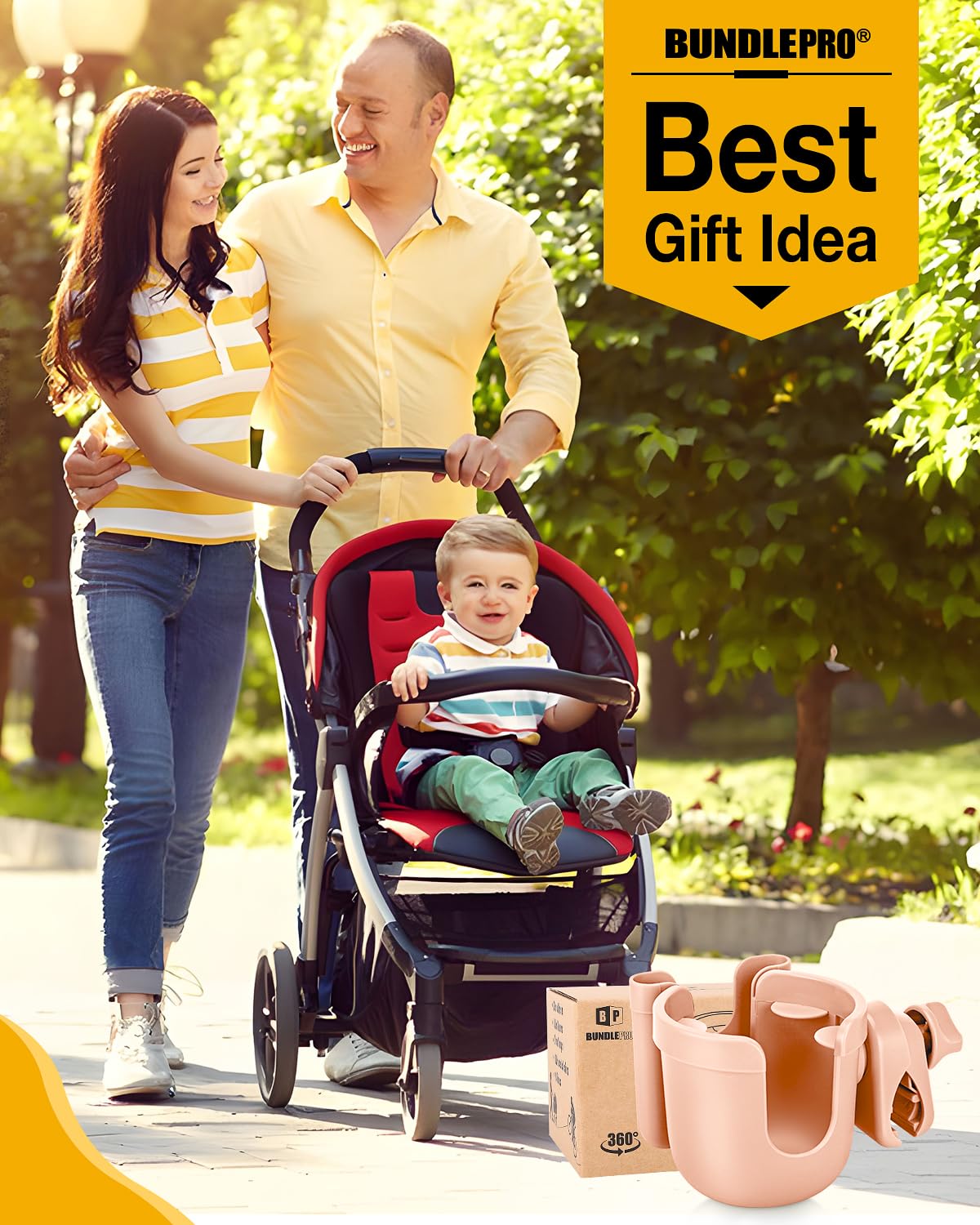 BundlePRO pink cup holder in action on stroller, bike, or walker.
