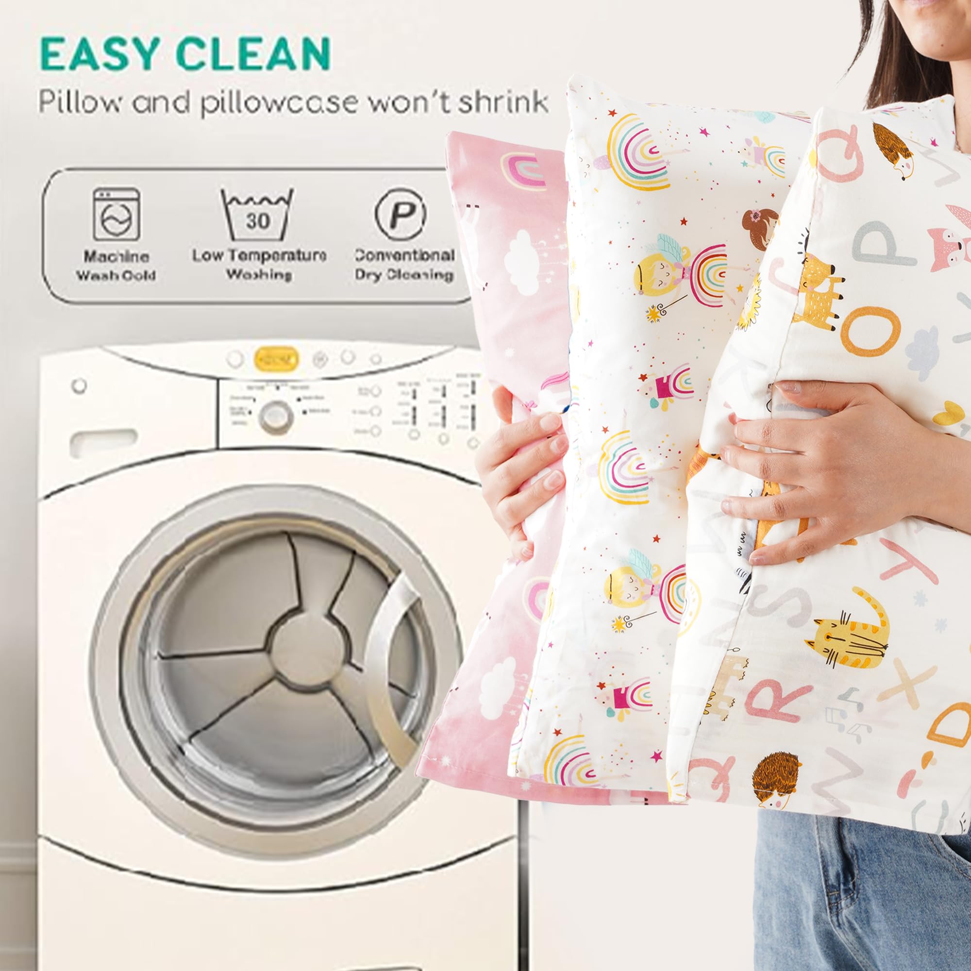 Bunnikins & Clover compact 13x18 pillow on a toddler bed highlights breathable design.