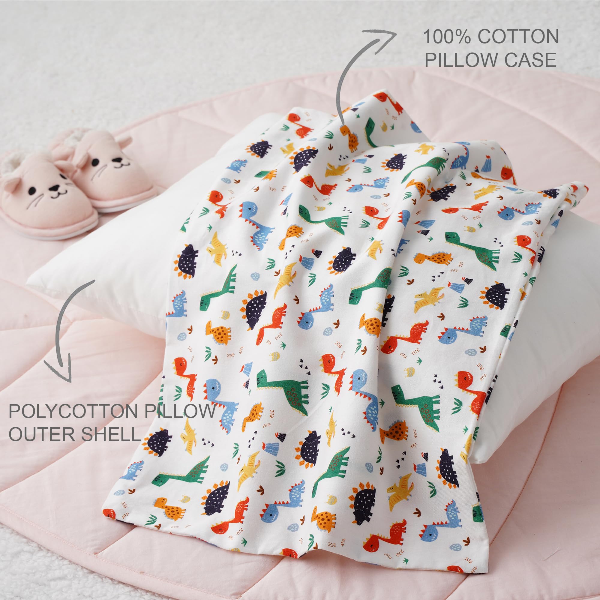 Bunnikins & Clover travel-ready pillow sits with a small backpack on a travel bed.