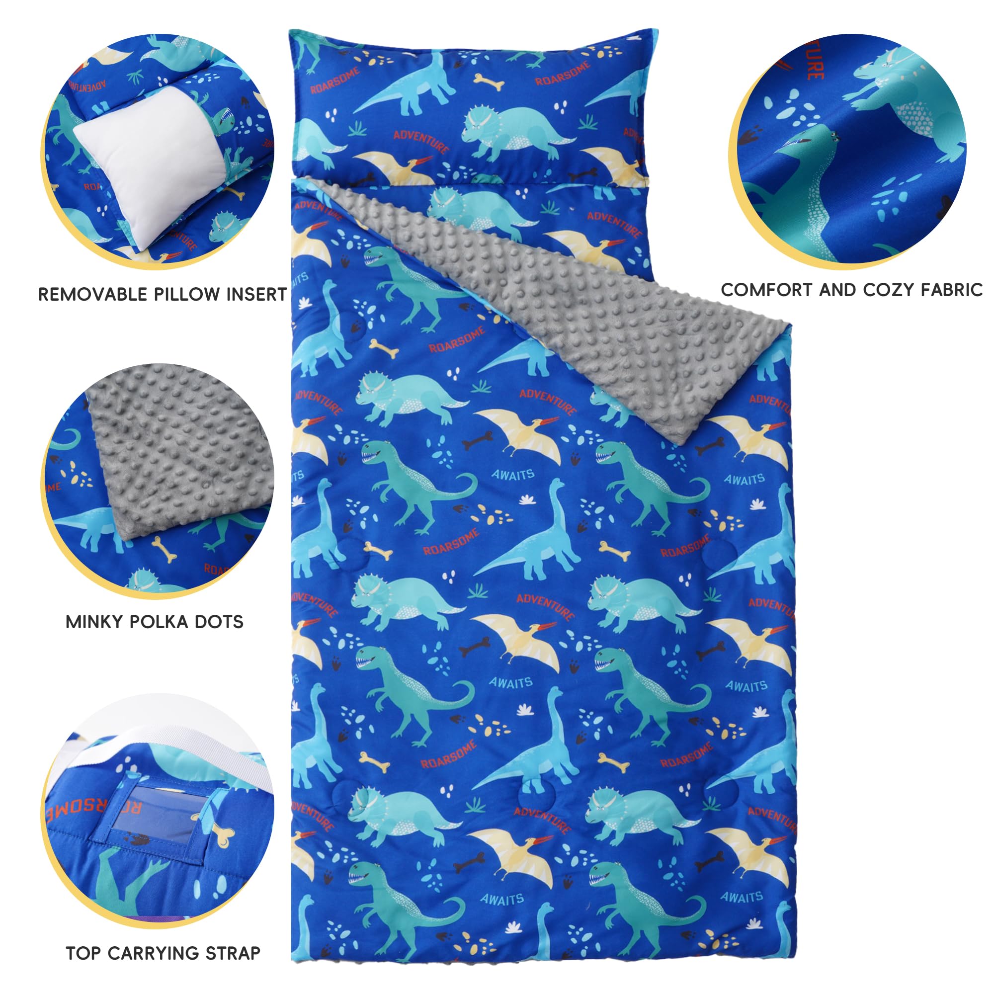 Dinosaur blue design on Bunnikins & Clover nap mat inspires cozy naptime.
