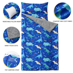 Dinosaur blue design on Bunnikins & Clover nap mat inspires cozy naptime.