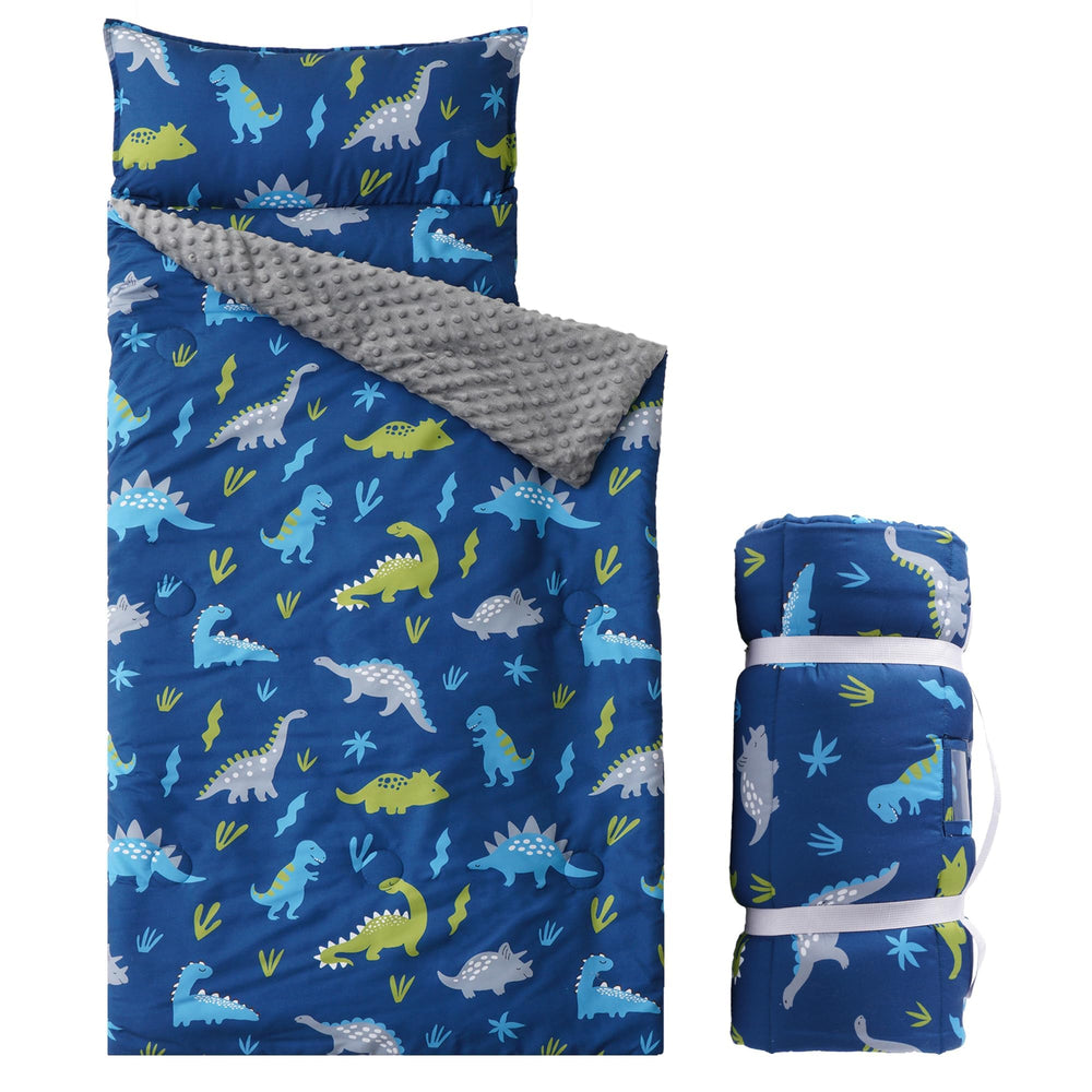 Bunnikins & Clover dinosaur nap mat folded for compact storage and easy daycare packing.