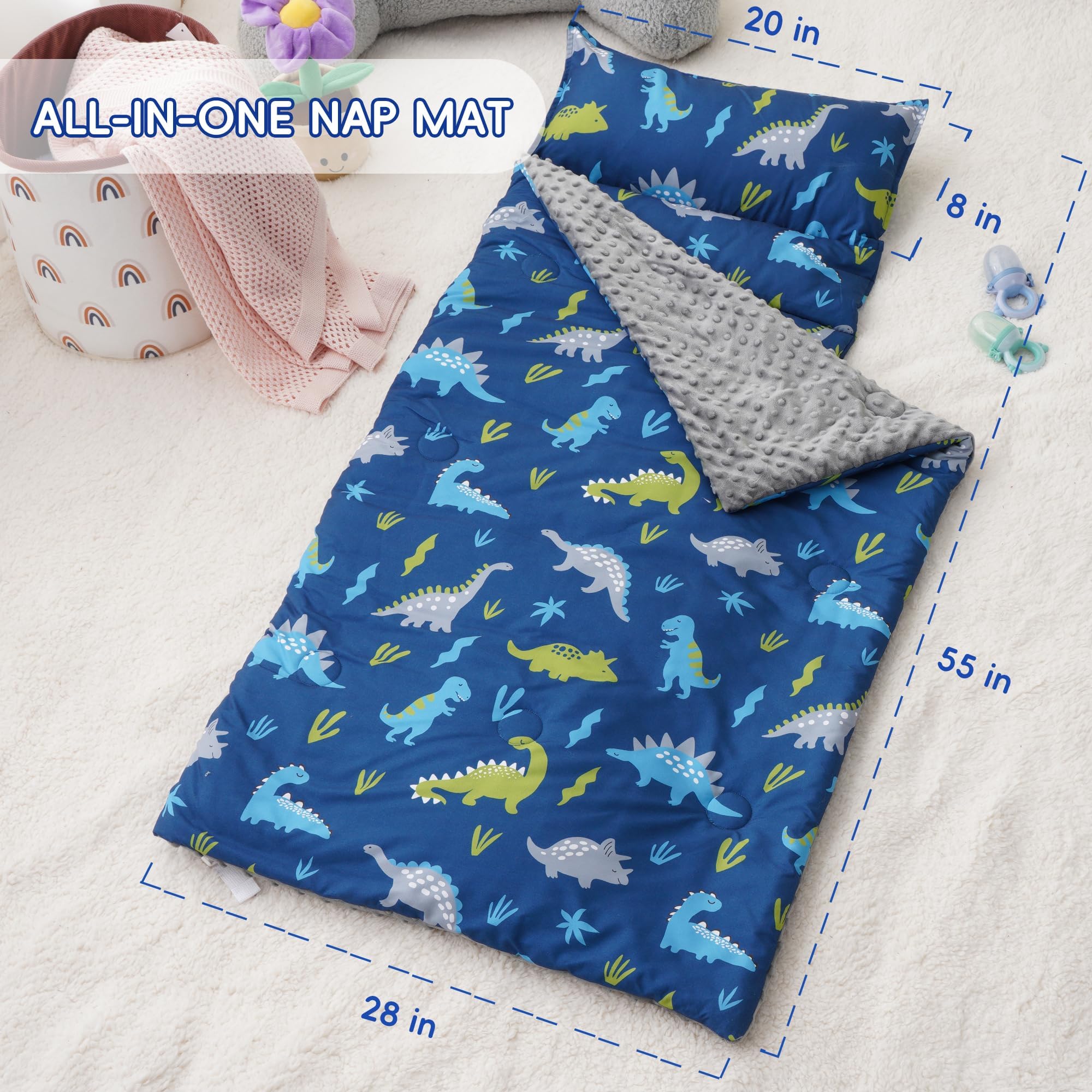 Bunnikins & Clover nap mat open display showing 55 x 20 inch fit for toddlers.