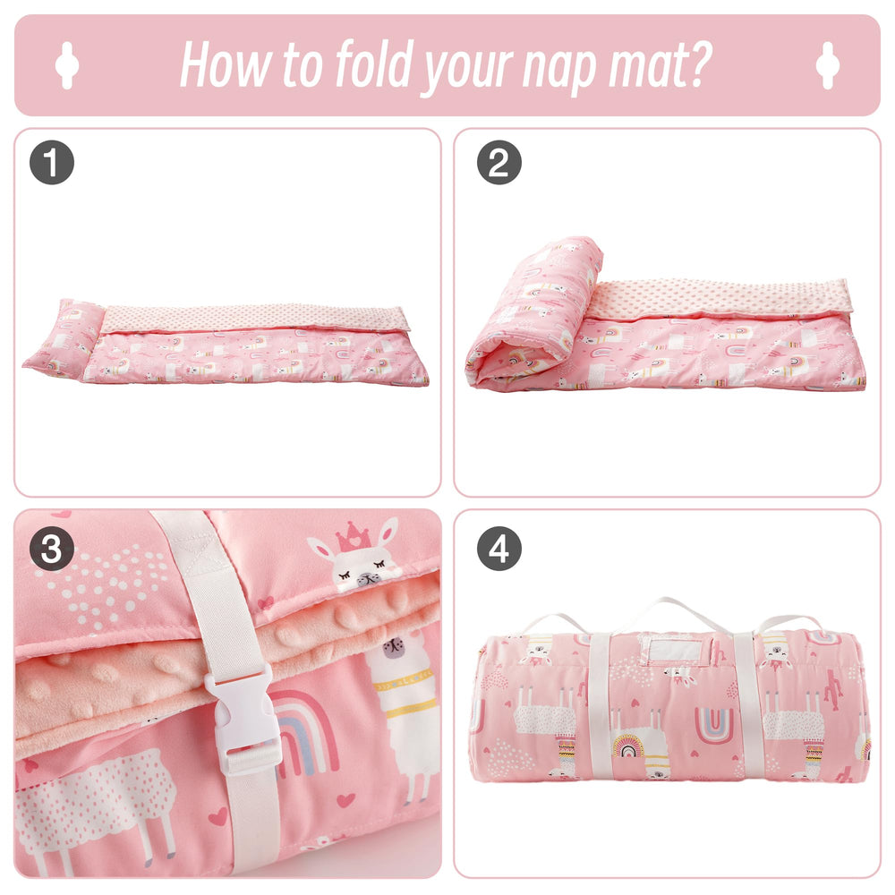 Bunnikins & Clover nap mat laid out with blanket inviting a cozy nap
