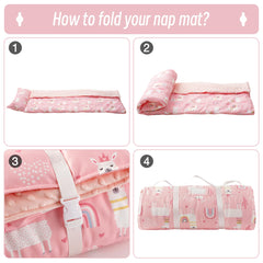 Bunnikins & Clover nap mat laid out with blanket inviting a cozy nap