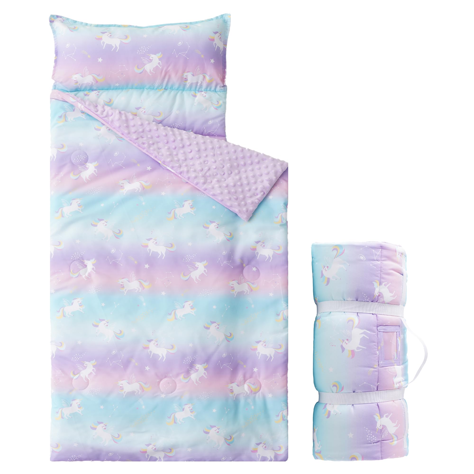 Bunnikins & Clover nap mat rolled up for compact daycare storage