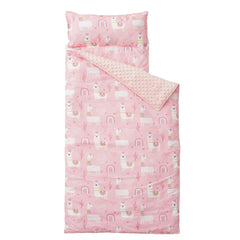 Bunnikins & Clover nap mat rolled with pillow for easy daycare transport