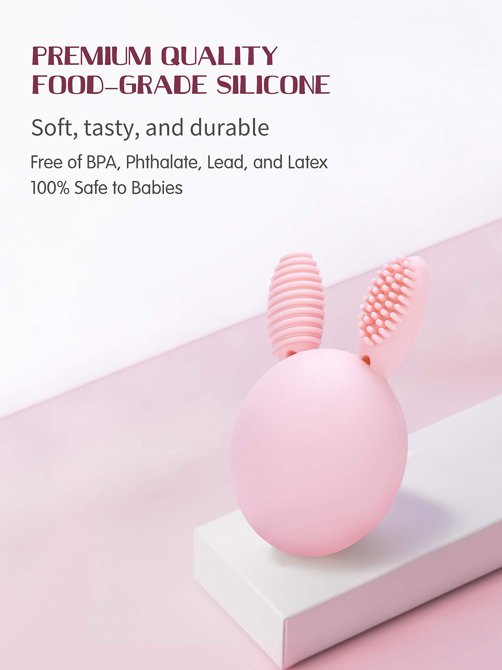 Bunny Eggy teether bunny-ear textures stimulate senses for early development.