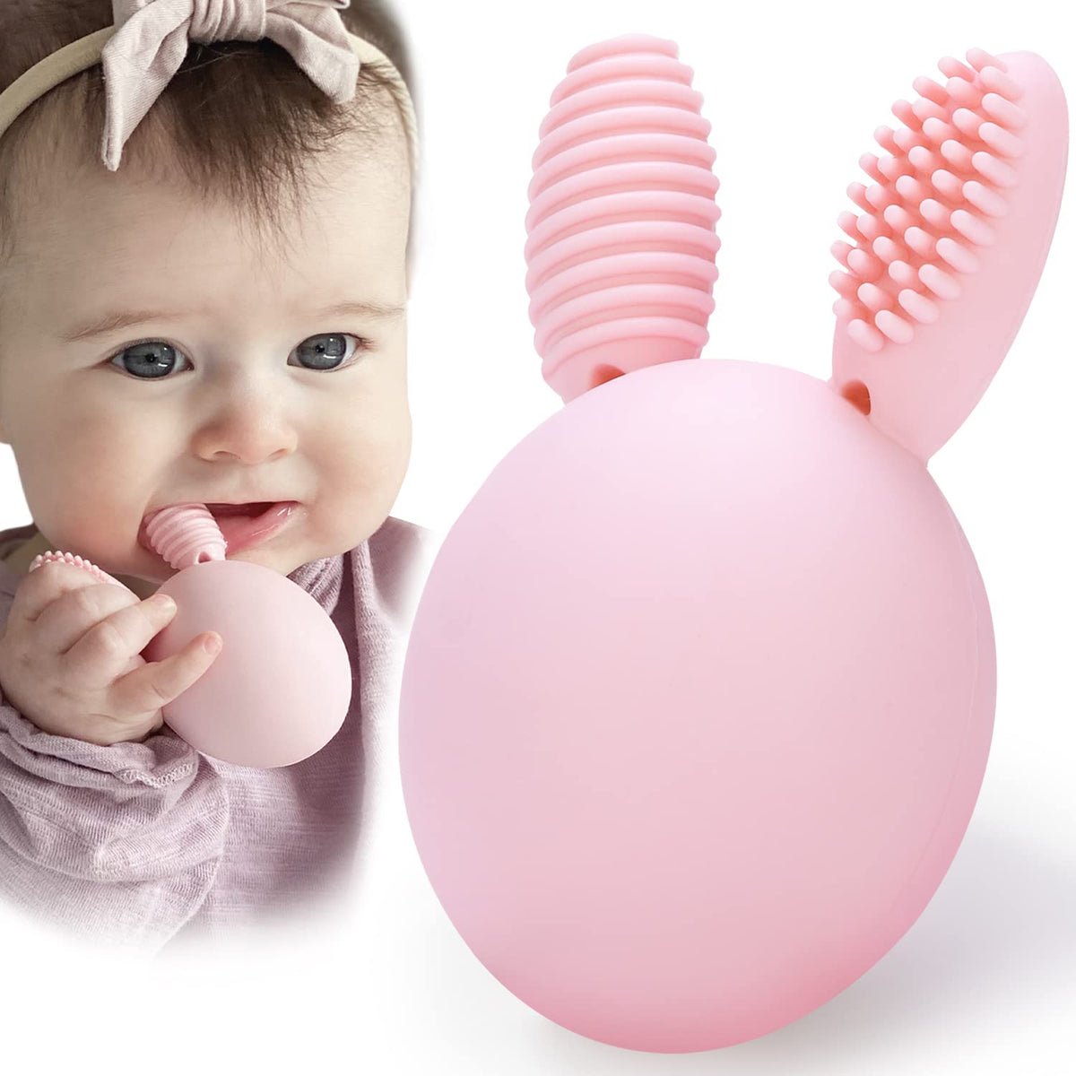 Bunny Eggy teether egg-shape design provides an easy grip for soothing teething gums.