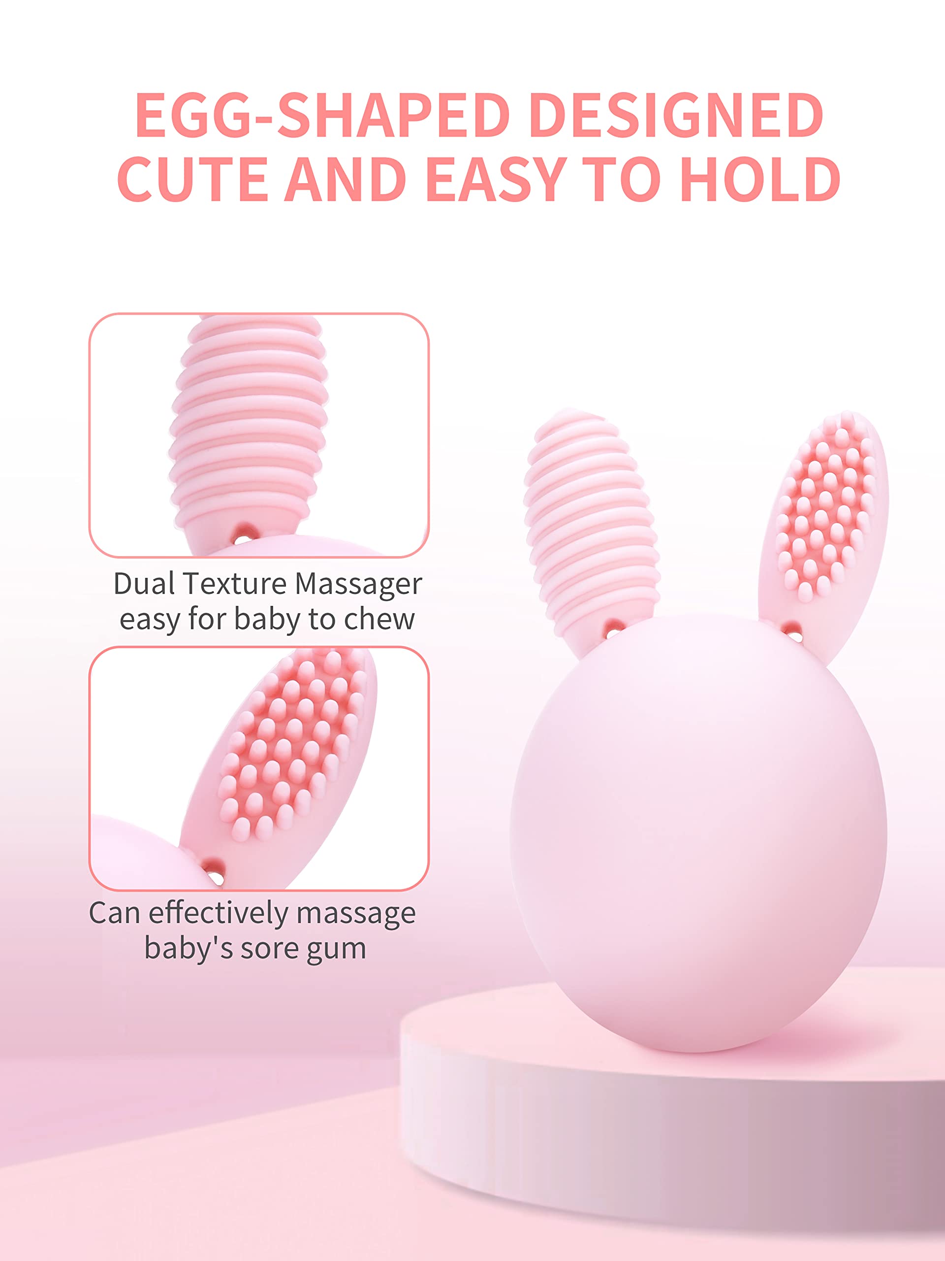 Bunny Eggy teether ultrasoft silicone texture comforts tender gums during teething.