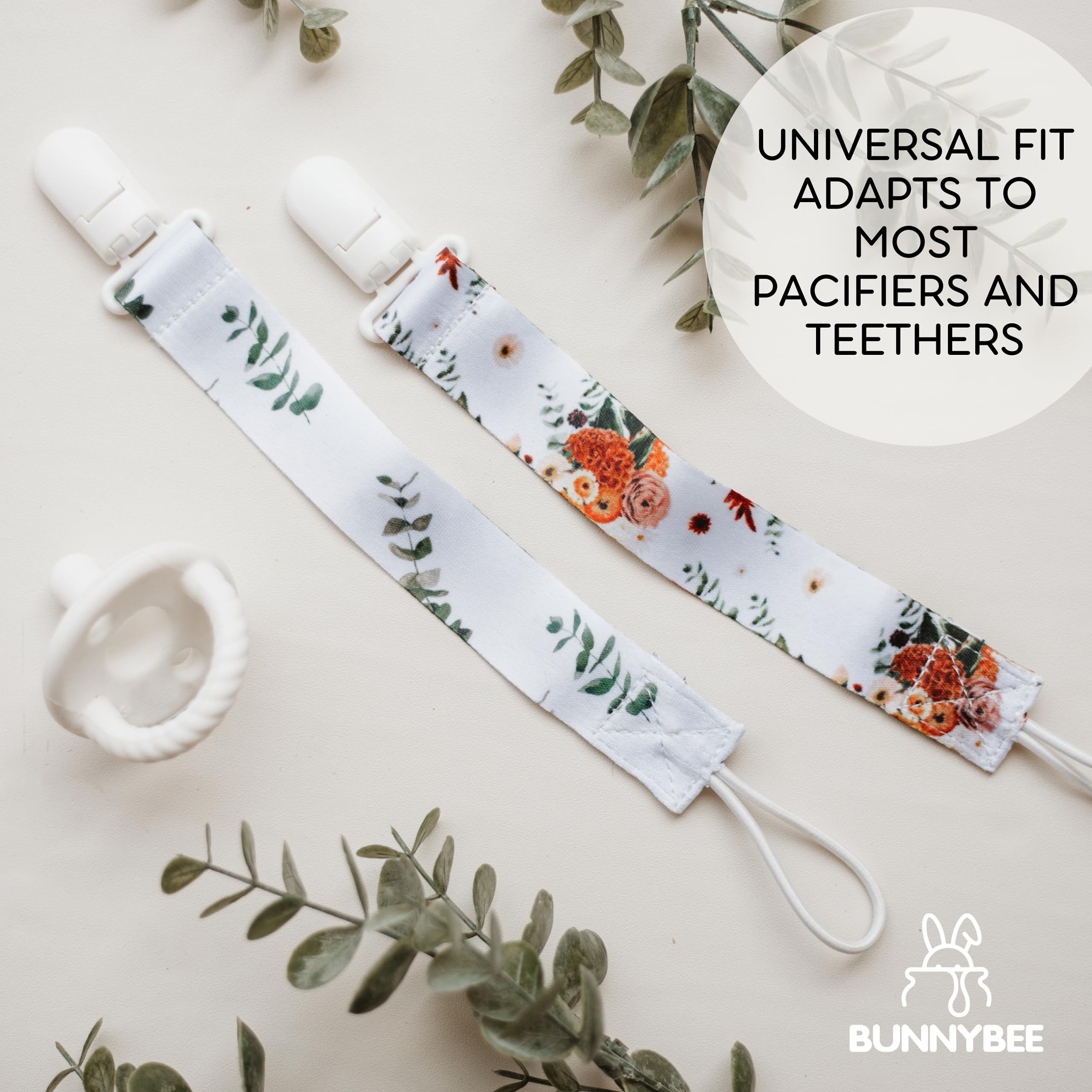 BUNNYBEE 6-pack pacifier clip easy-clean fabric offers easy hand-wash care.