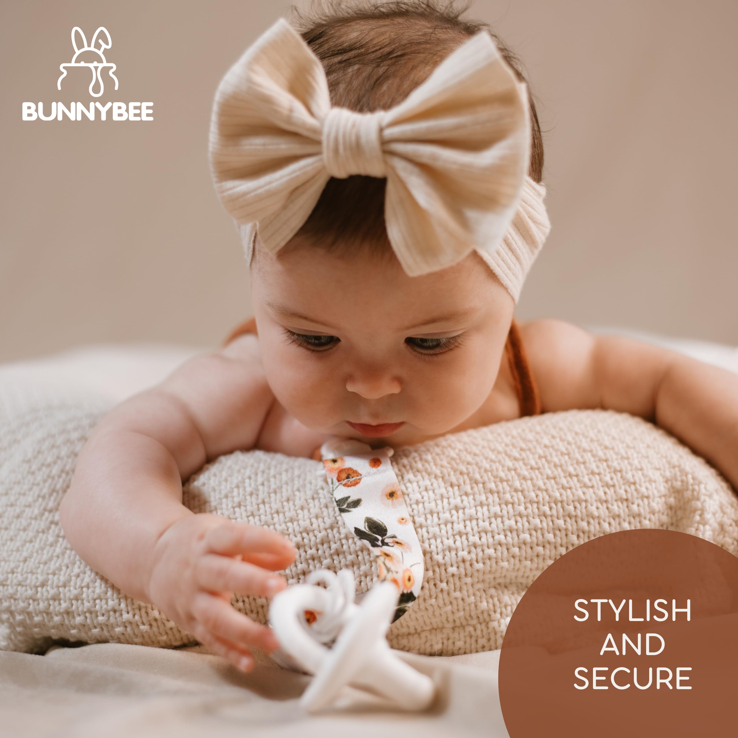 BUNNYBEE neutral pacifier clip set soft-fabric design keeps baby comfy during outings.