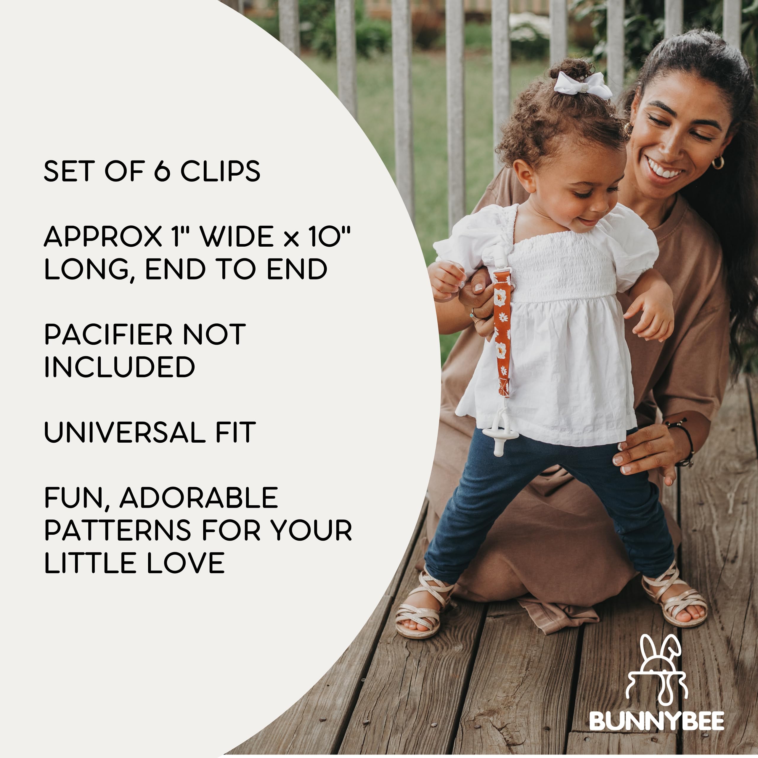 BUNNYBEE pacifier clip on-the-go design keeps pacifier nearby during strolls.