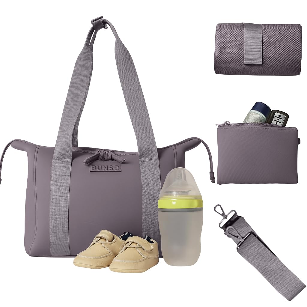 BUNSO Baby diaper bag tote front view with minimalist design and organized compartments.