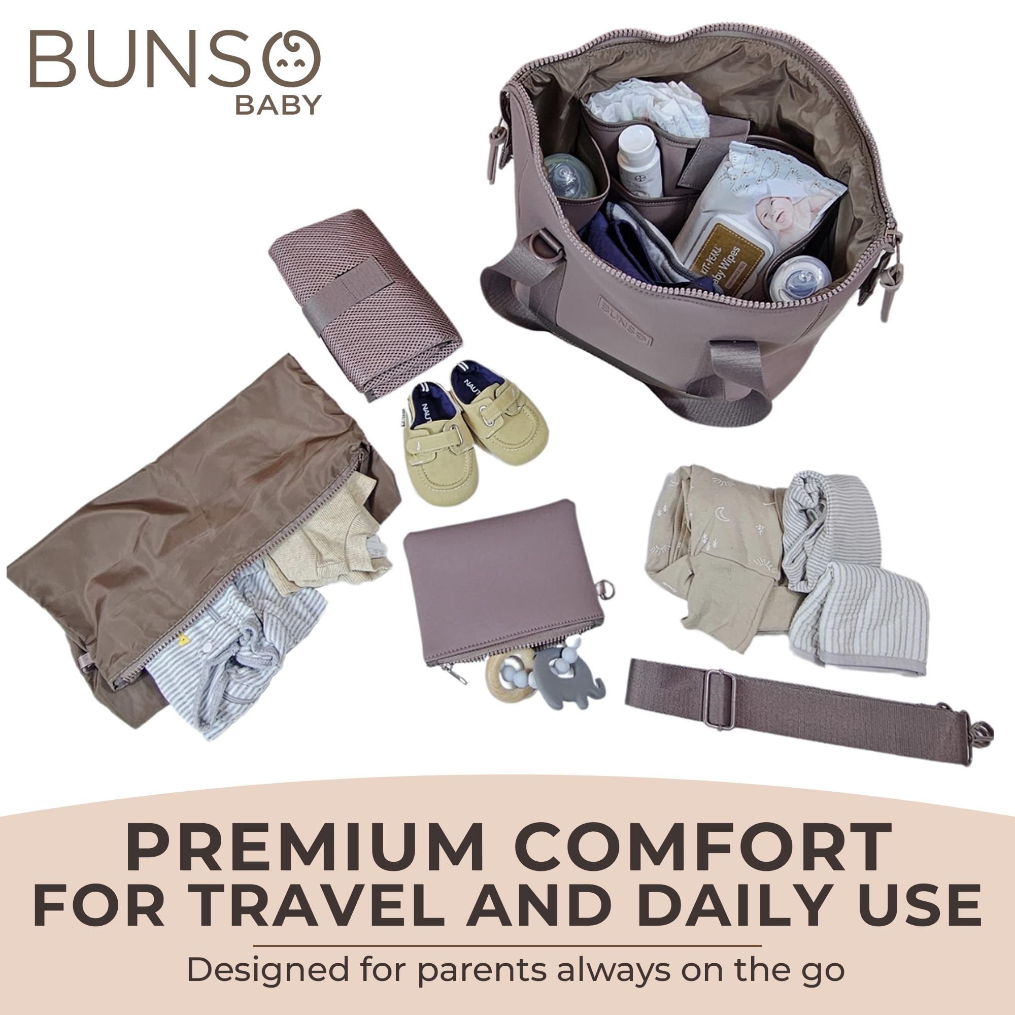 BUNSO Baby diaper bag tote interior pockets keep diapers and wipes neatly organized.