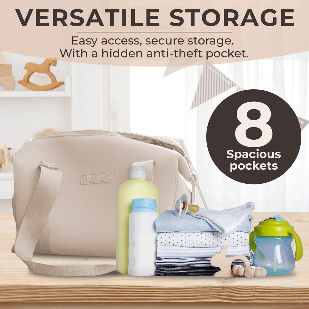 BUNSO Baby Diaper Bag Tote interior reveals organized storage with 8 pockets.