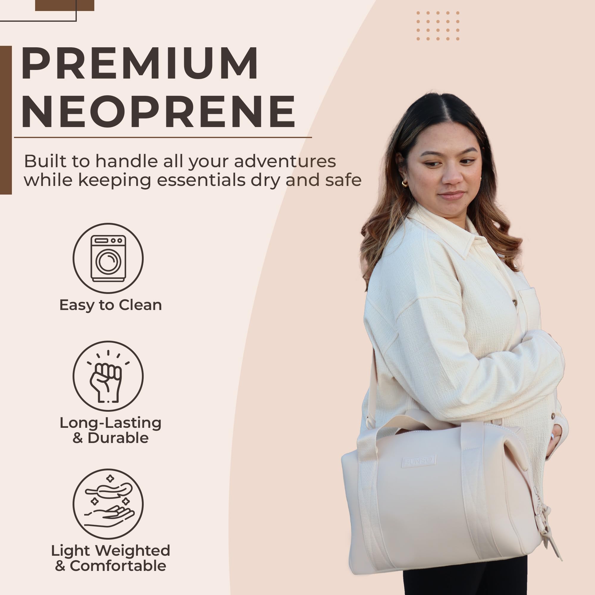 BUNSO Baby Diaper Bag Tote neoprene material offers lightweight durability and easy cleaning.