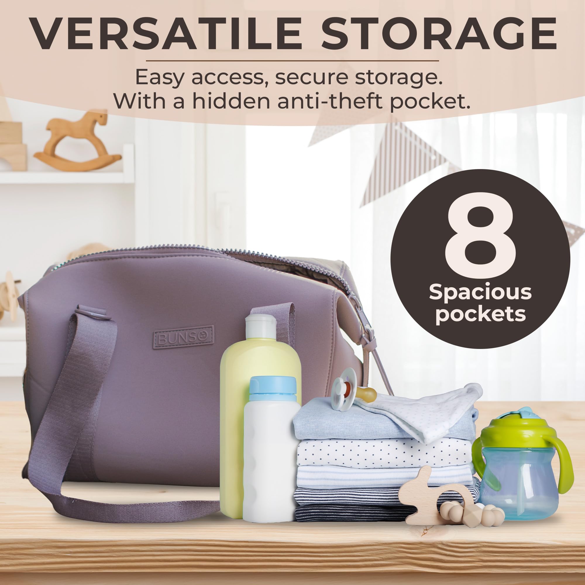 BUNSO Baby diaper bag tote open reveals main space and eight interior pockets for quick organization.