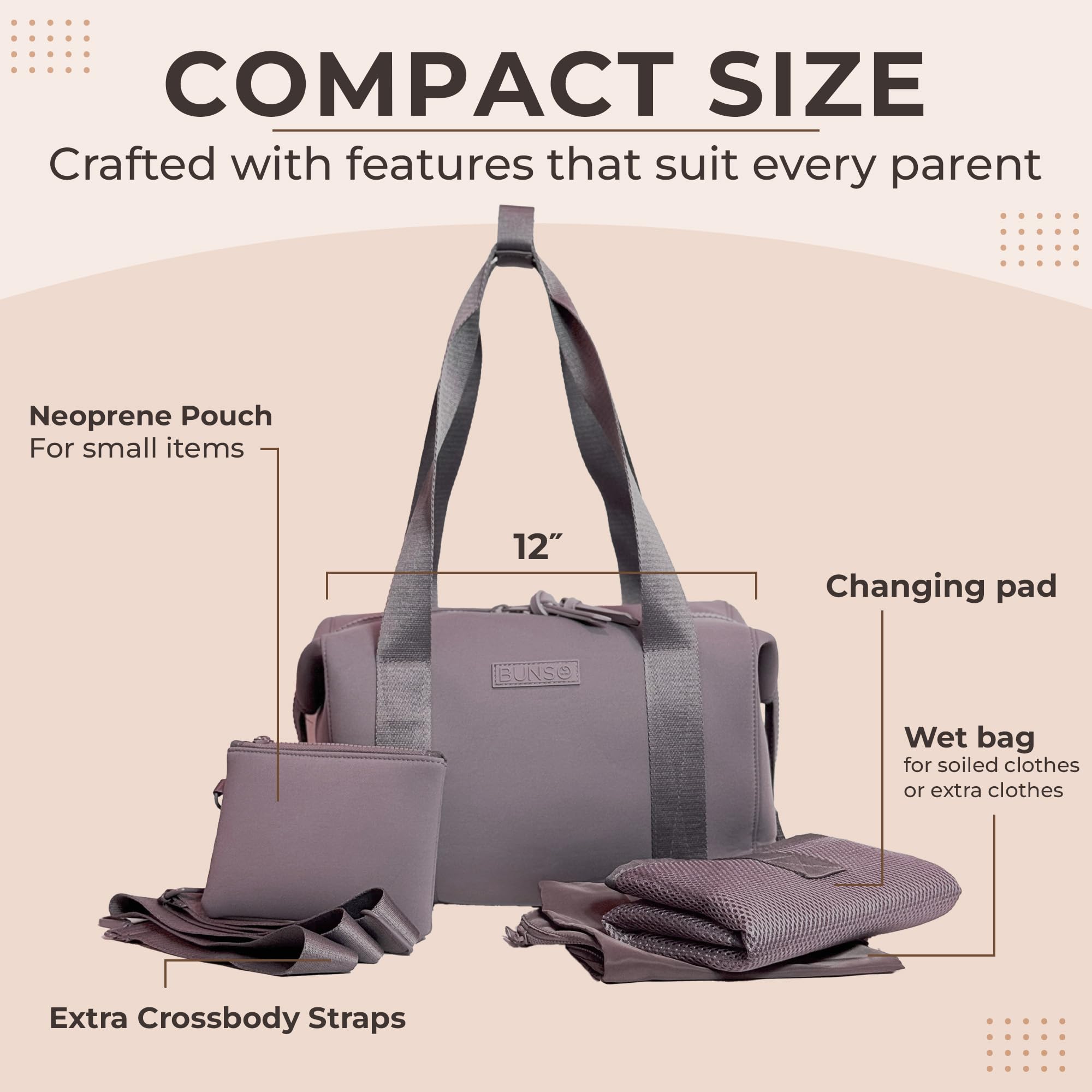 BUNSO Baby diaper bag tote includes wet bag and pouch for mess-free storage between outfits.