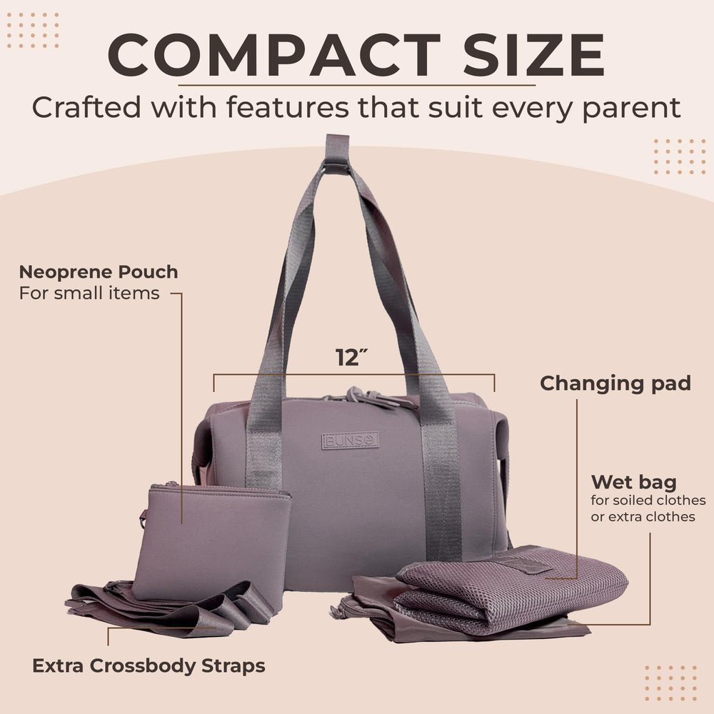 BUNSO Baby diaper bag tote includes wet bag and pouch for mess-free storage between outfits.