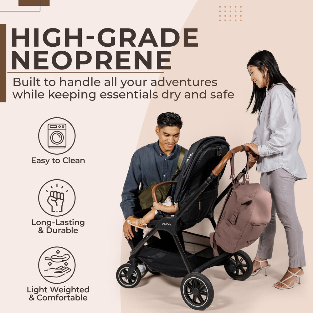 Back view of BUNSO Baby neoprene diaper bag showing minimalist design for versatile outings