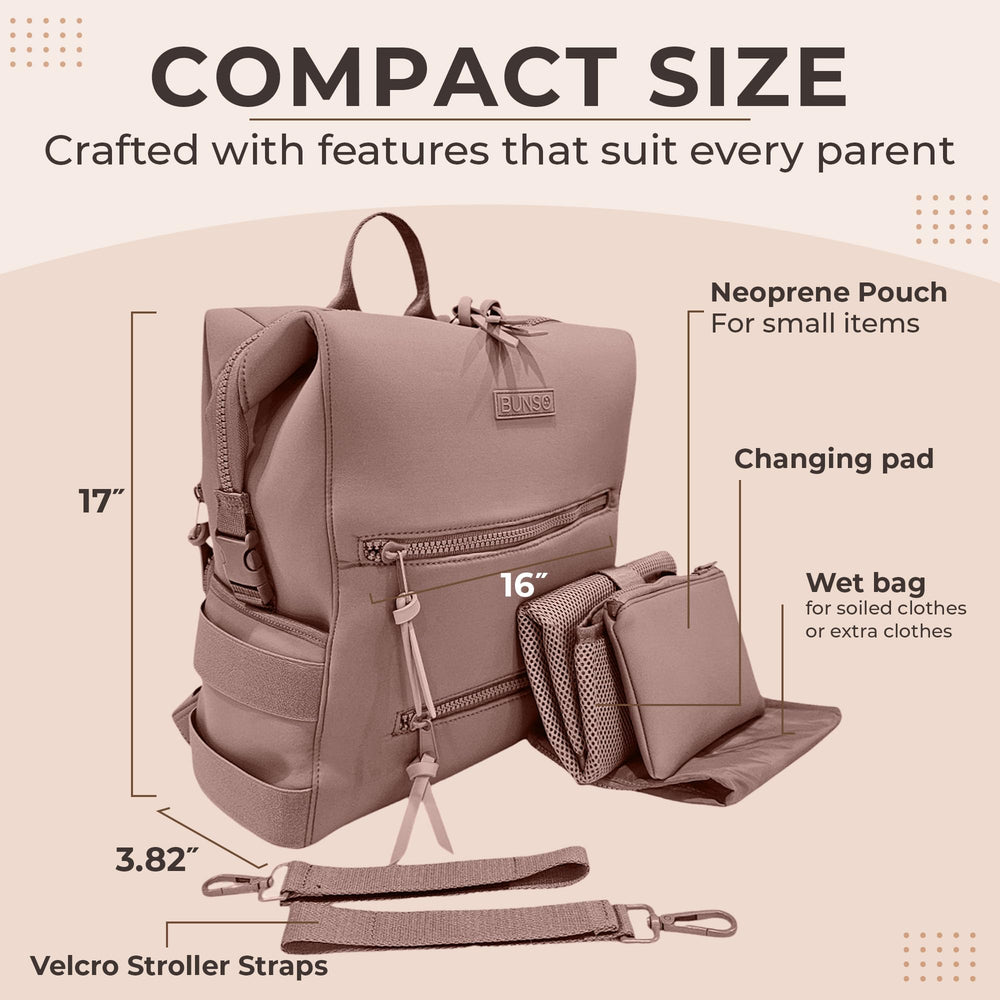 Organized interior of BUNSO Baby neoprene diaper bag with 15 pockets for easy packing