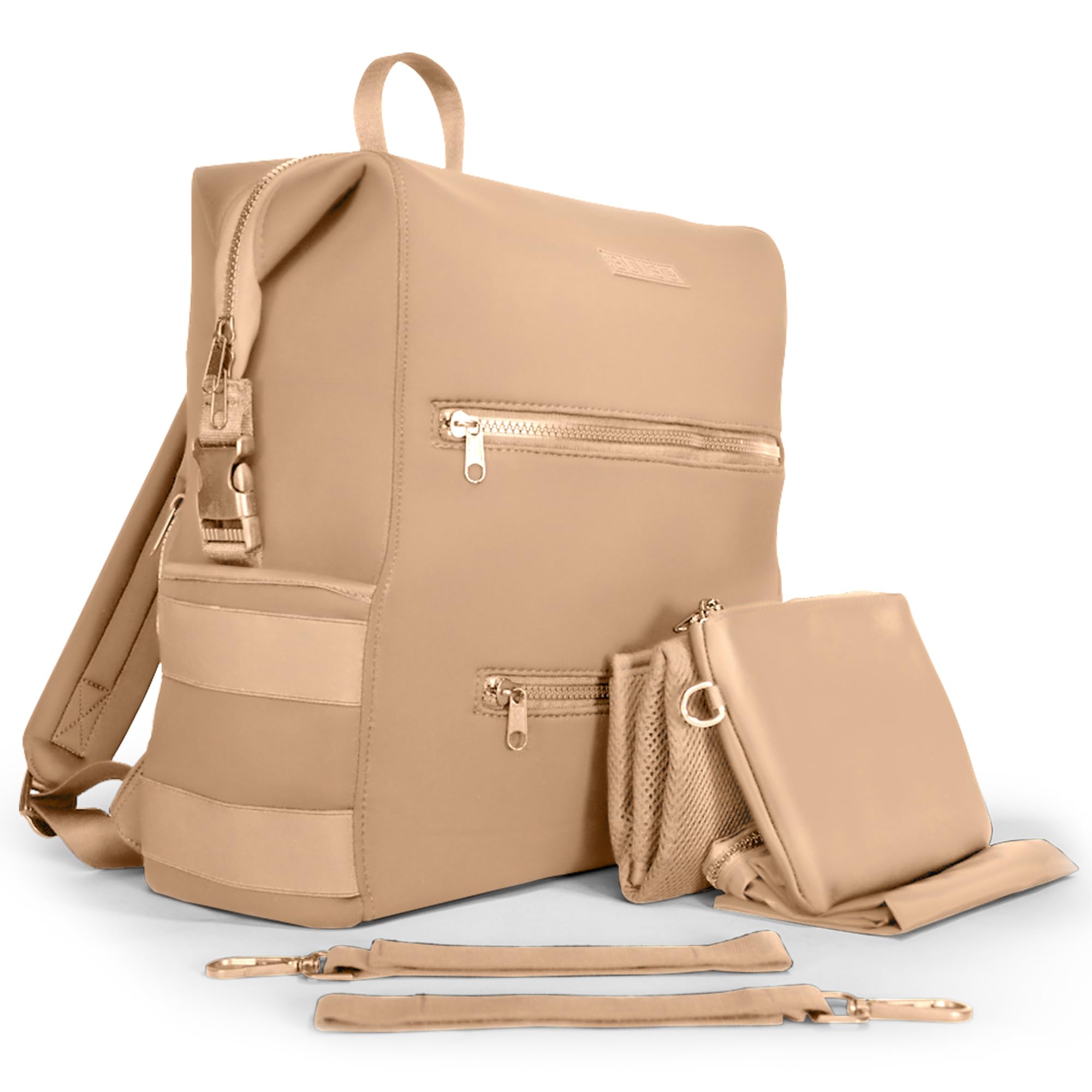 BUNSO Baby neoprene diaper bag material closeup showing water-resistant durability for daily outings