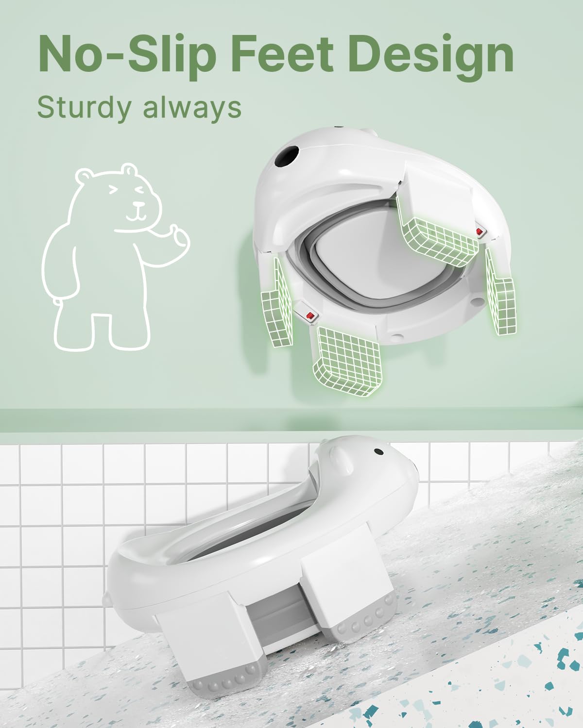 Bunwag foldable travel potty seat saves space in bags and closets.