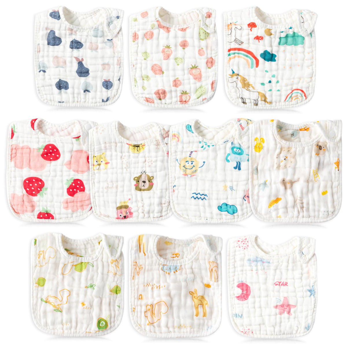 BUoonyer 10-pack baby bibs with cheerful patterns keeps outfits clean during meals.