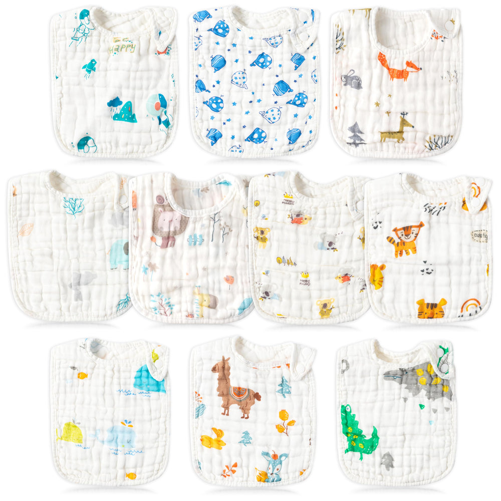 BUoonyer 10-pack muslin bibs with playful patterns helps keep baby clothes dry during drool and teething.