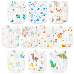BUoonyer 10-pack muslin bibs with playful patterns helps keep baby clothes dry during drool and teething.