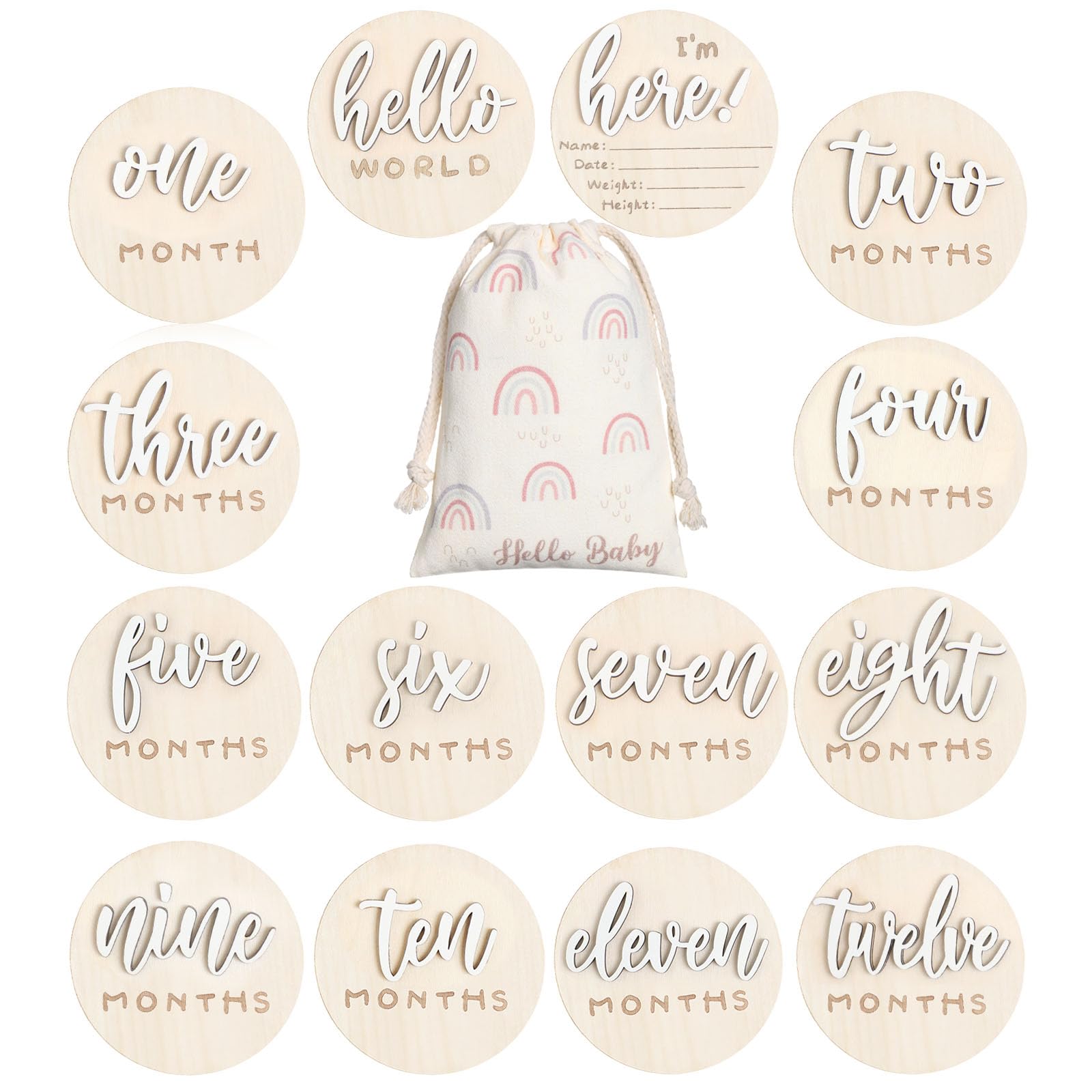 Burbell 3D baby milestone discs in white wood for adorable monthly photos.