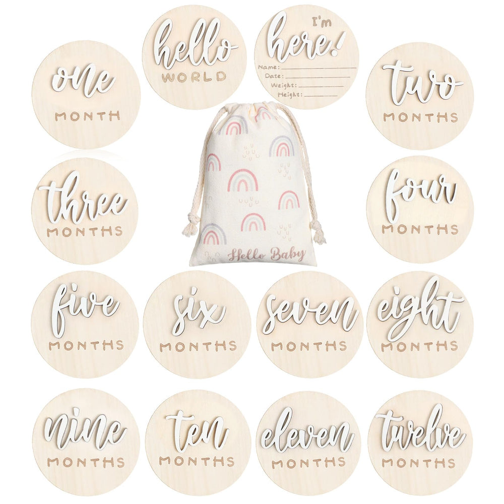 Burbell 3D baby milestone discs in white wood for adorable monthly photos.