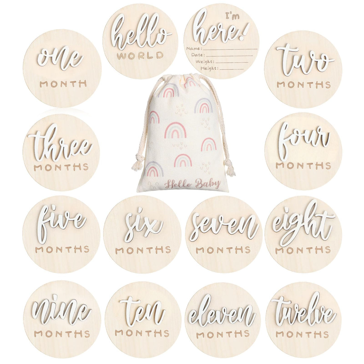 Burbell 3D baby milestone discs in white wood for adorable monthly photos.