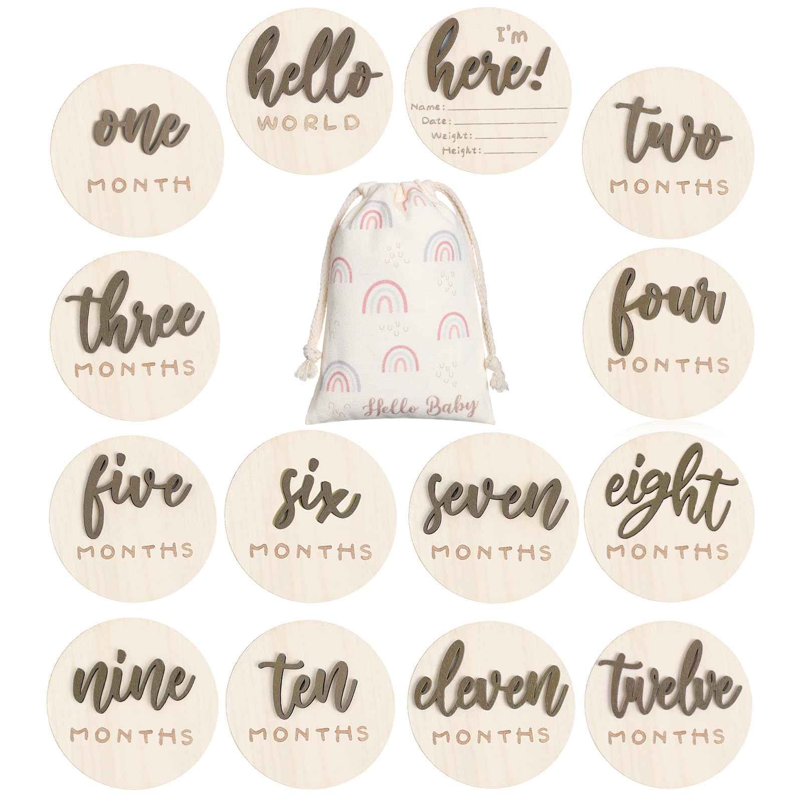 Burbell 7-pack 3D milestone discs close-up highlight durable wood keepsake for photos