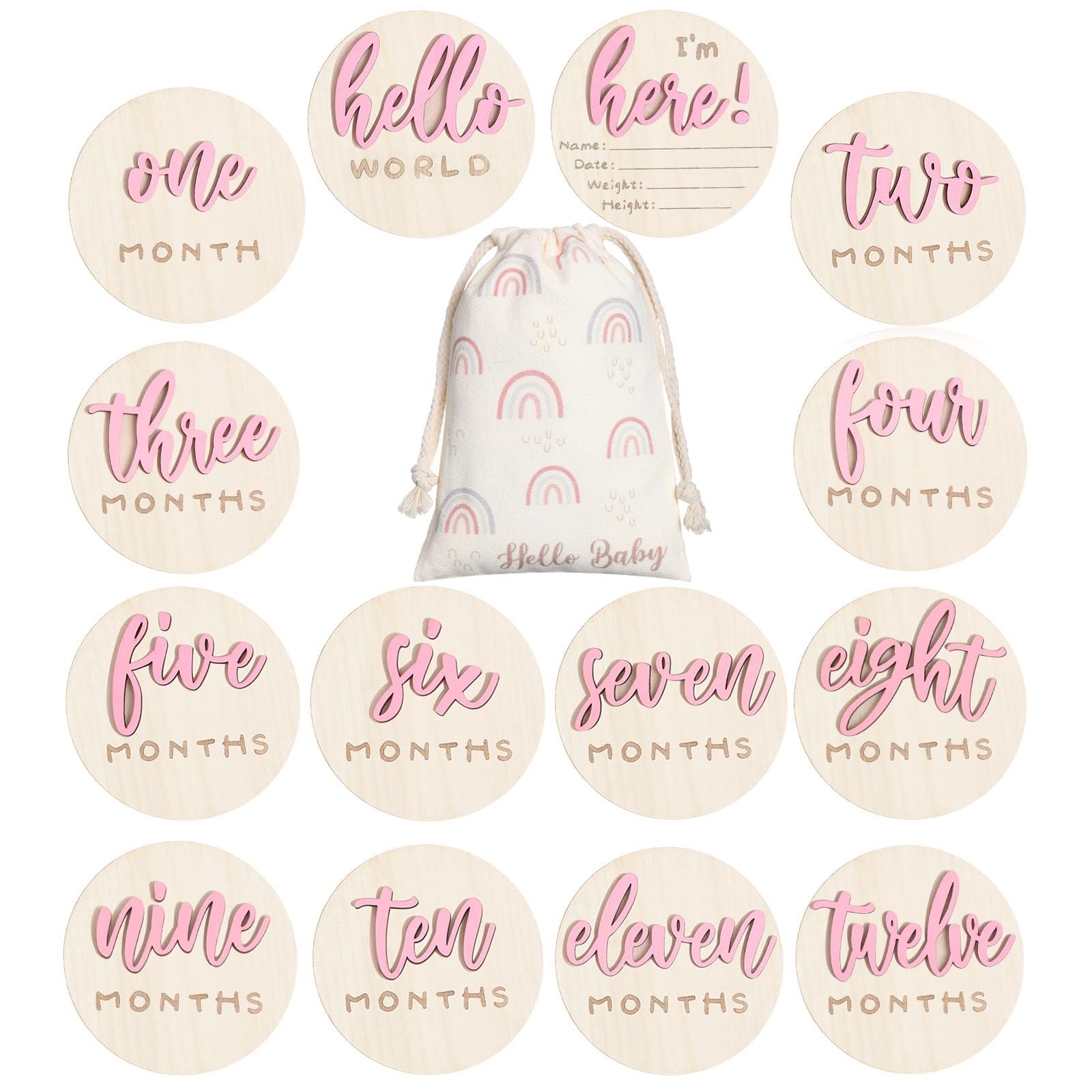 Burbell 7-pack pink milestone discs capture baby's growth milestones in photos.