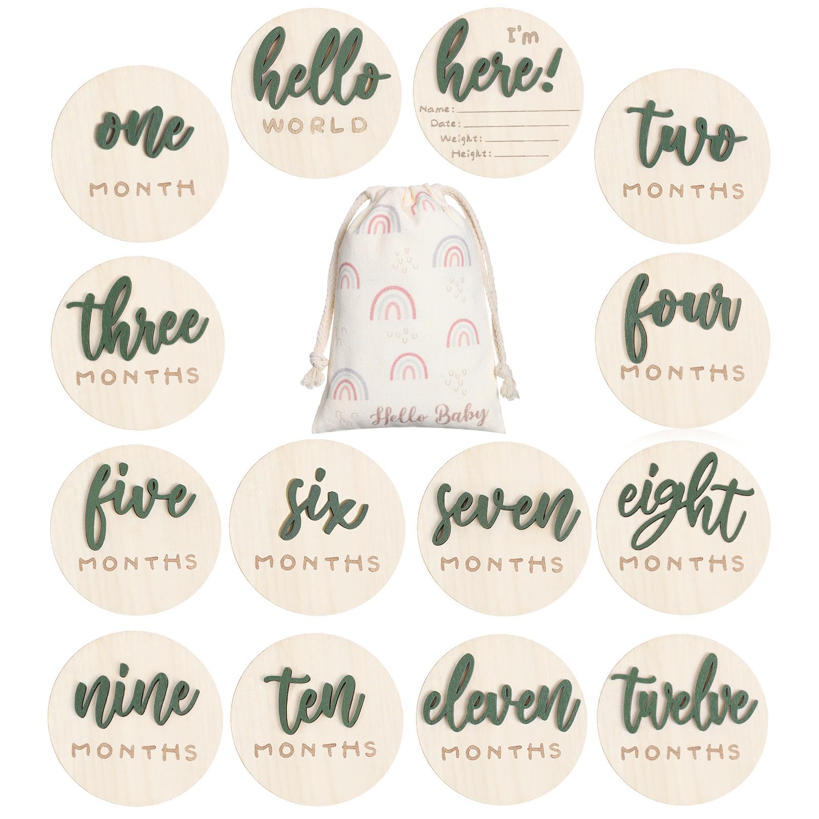 Burbell green wood 3D baby milestone discs for keepsake monthly photo memories.