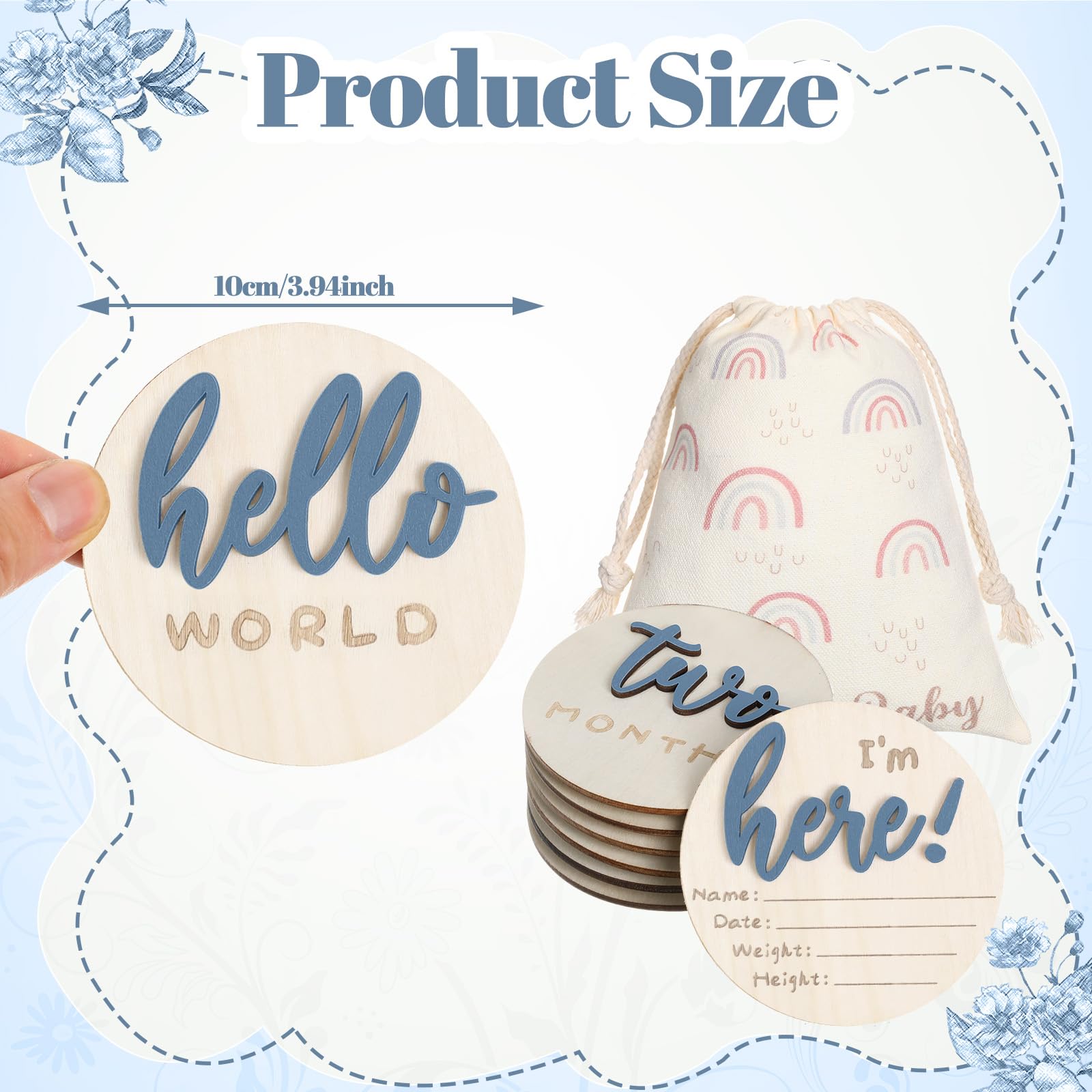 Burbell slate-blue double-sided engraving documents baby's milestones elegantly at home.