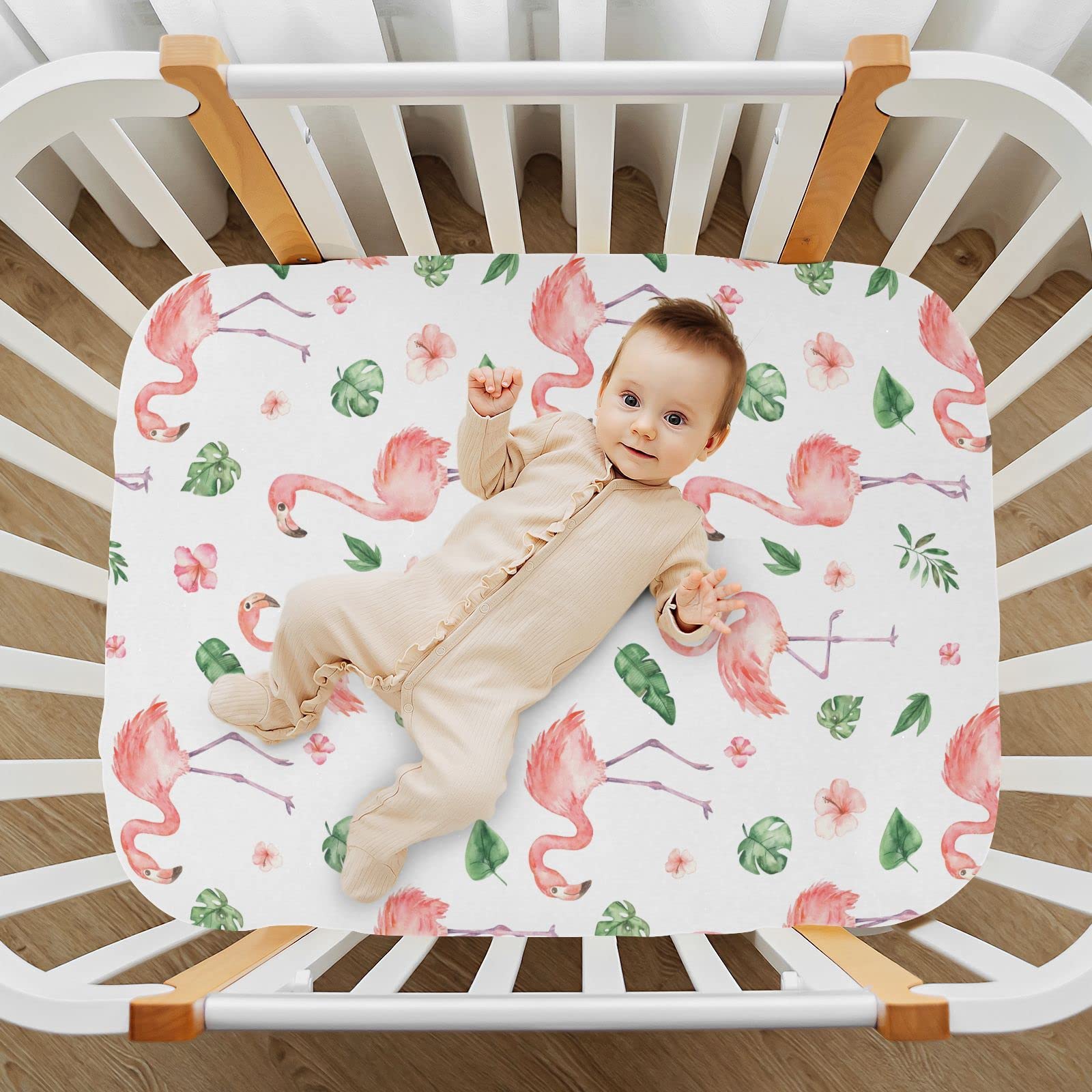 Burbuja Flamingos playard size sheet works for portable setups and travel.