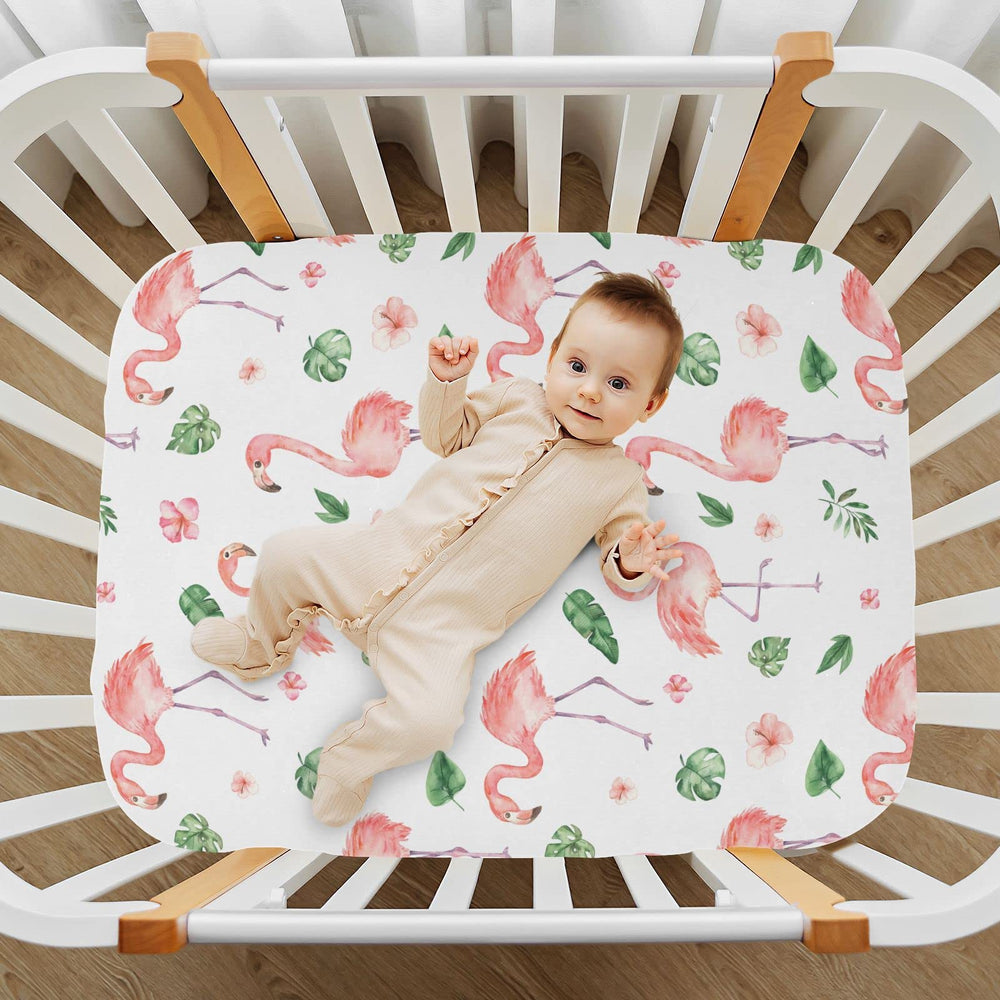 Burbuja Flamingos playard size sheet works for portable setups and travel.