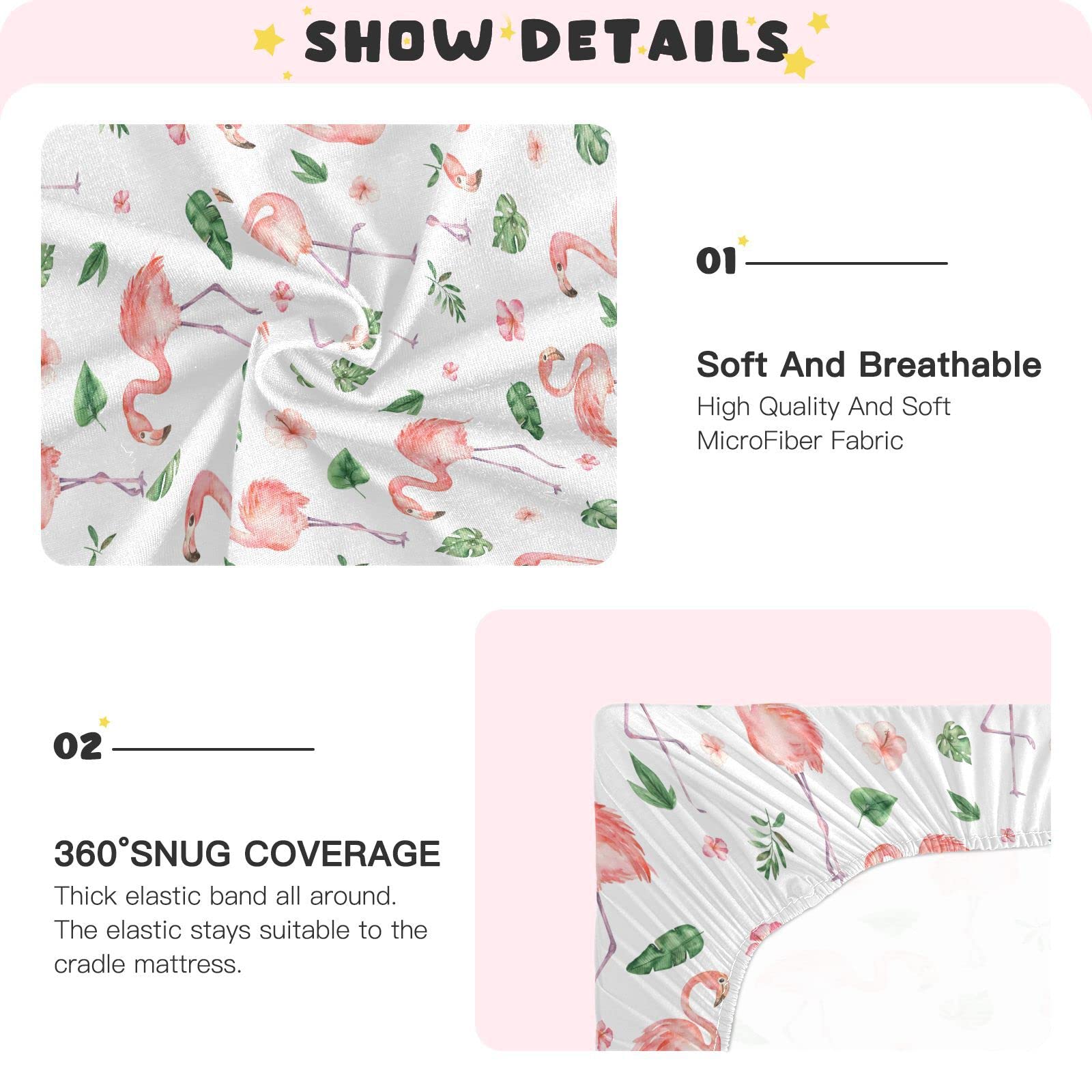 Burbuja Flamingos standard crib size sheet fits 28 x 52 inch mattresses securely.