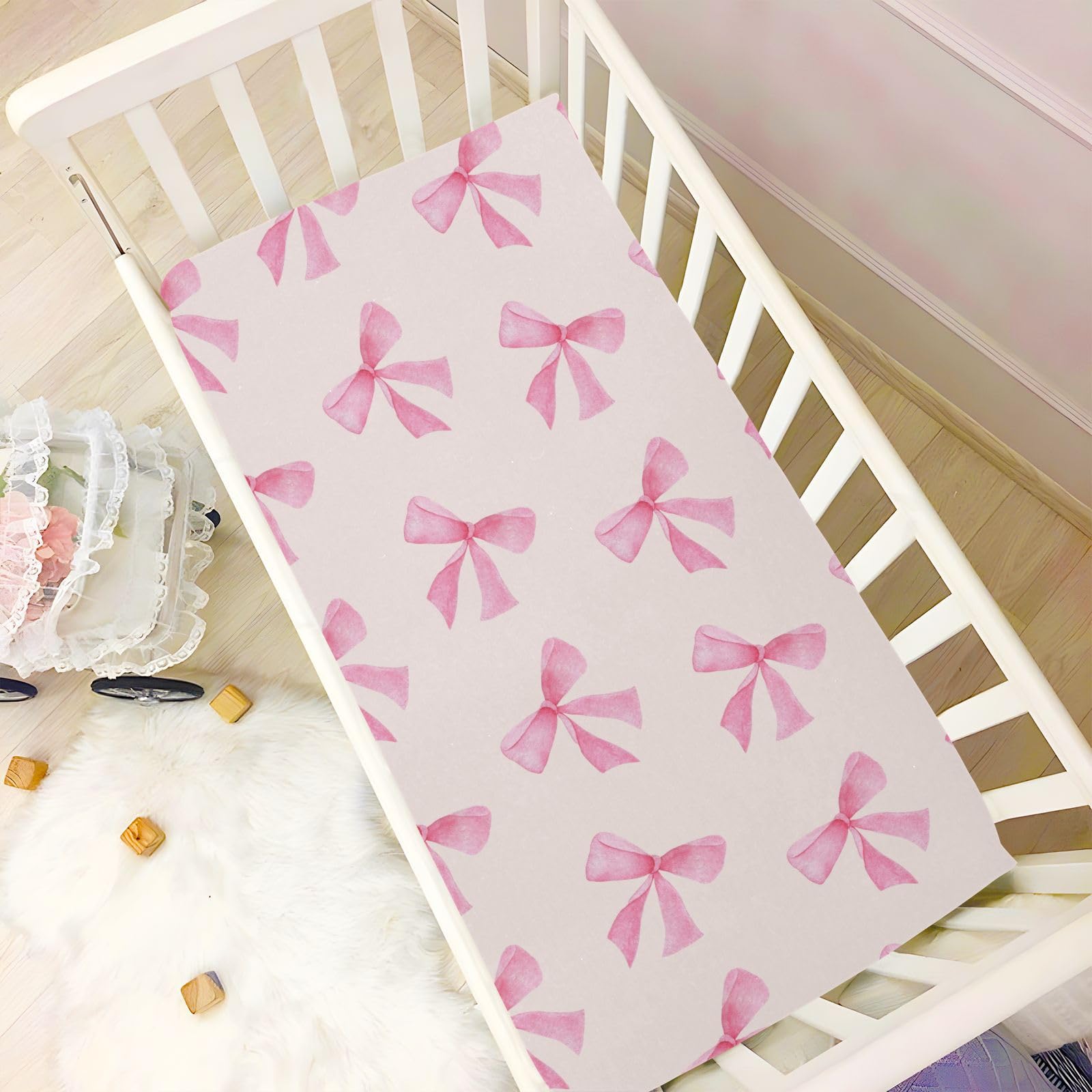 Burbuja Pink Bow crib sheet packaging photo for easy gifting