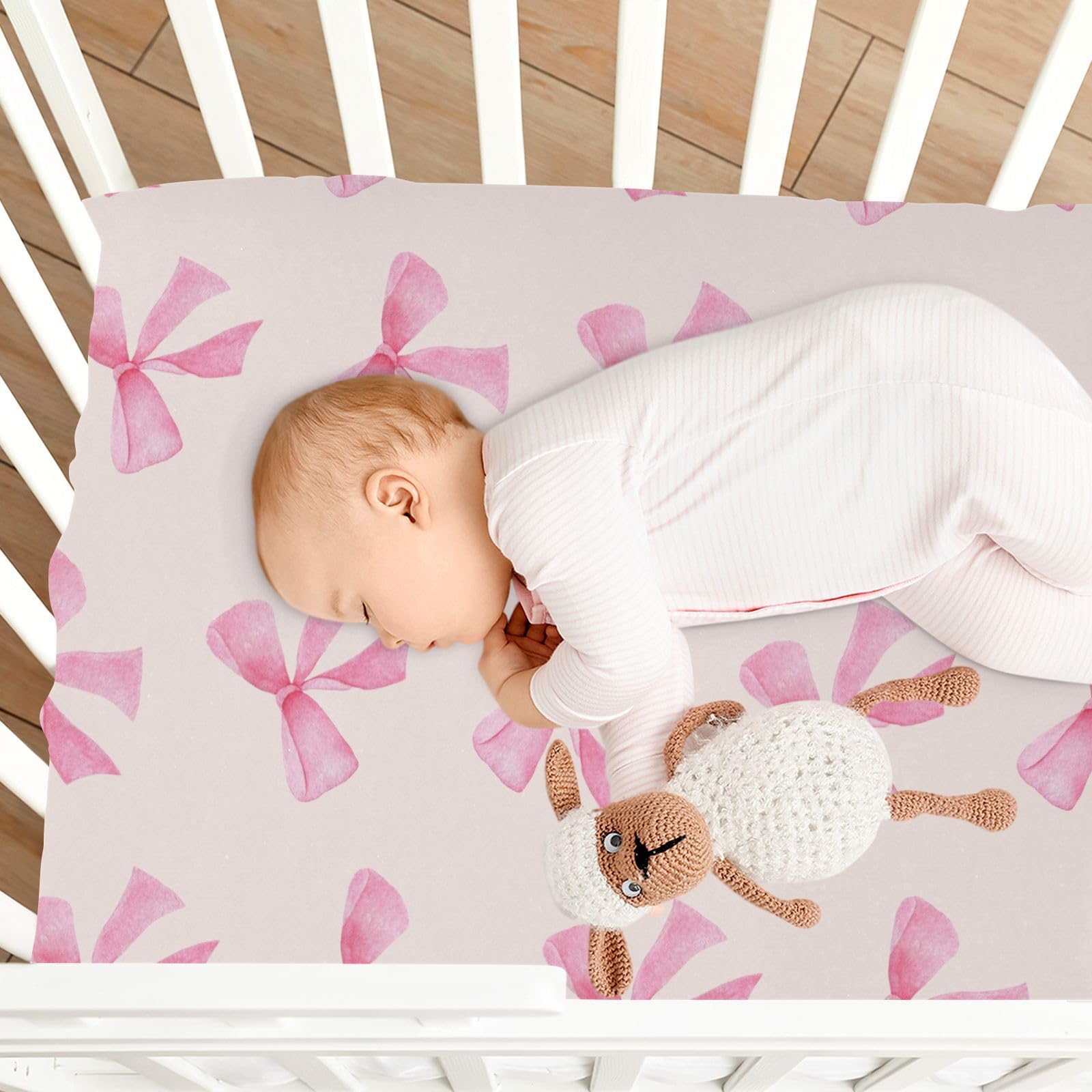 Burbuja Pink Bow crib sheet playard snug fit on compact mattress
