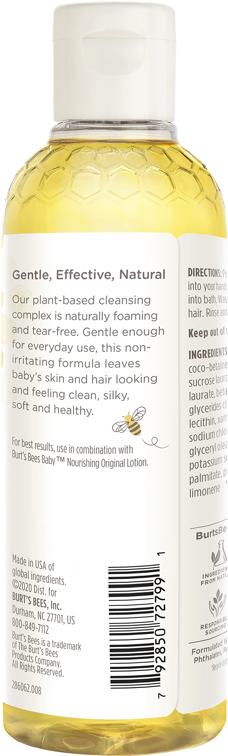 Burt's Bees Baby Bee Shampoo ingredient coconut oil emphasizes natural cleansing for soft skin.