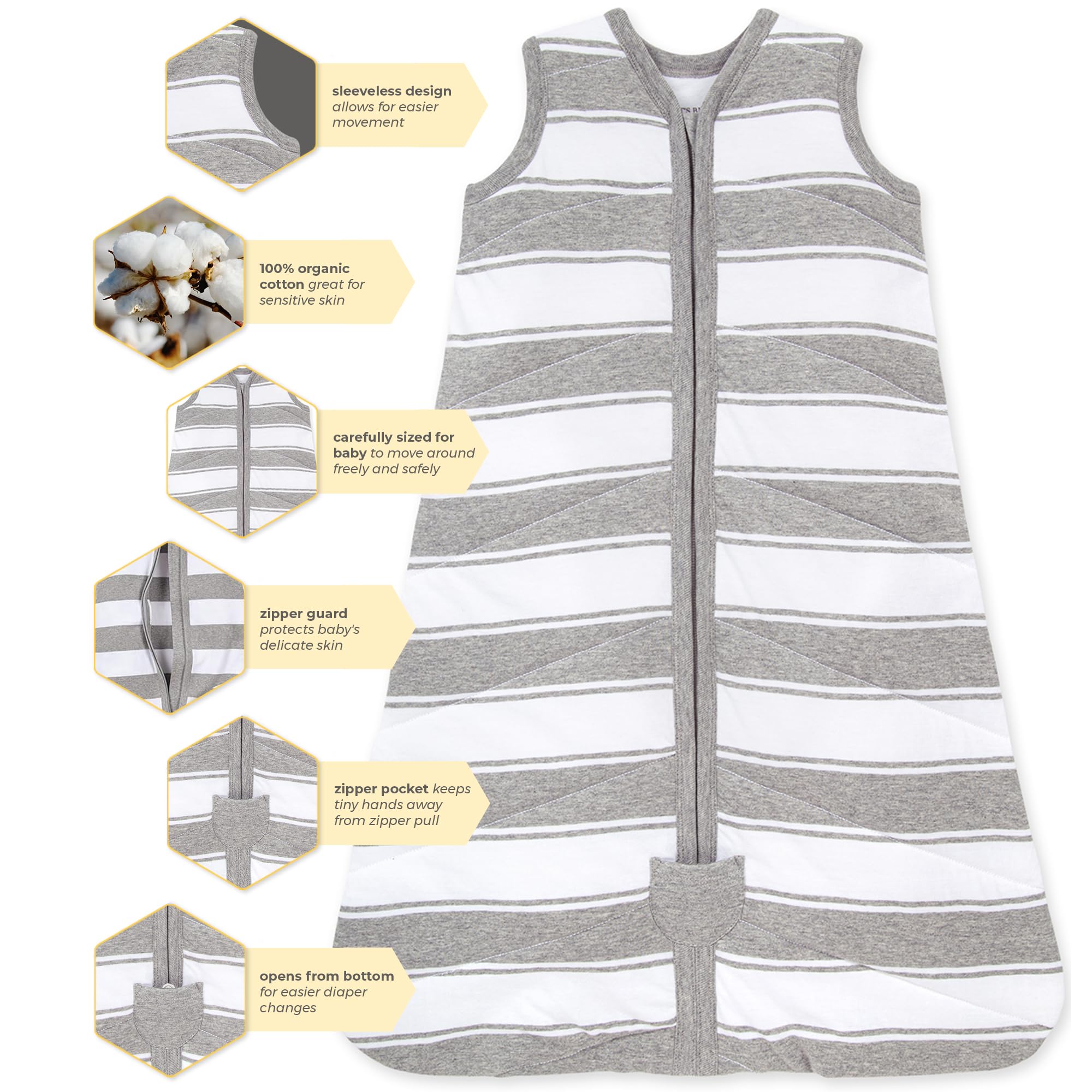 Burt's Bees Baby Beekeeper 1.5 TOG provides cozy warmth for chilly evenings.
