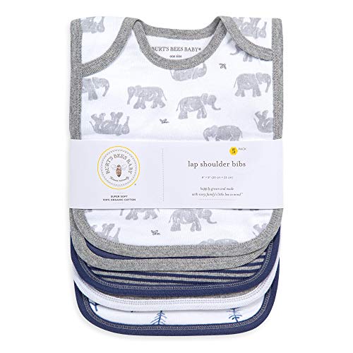Burt's Bees Baby Bibs 5-pack lap-shoulder close-up shows 2-ply organic cotton for gentle skin.